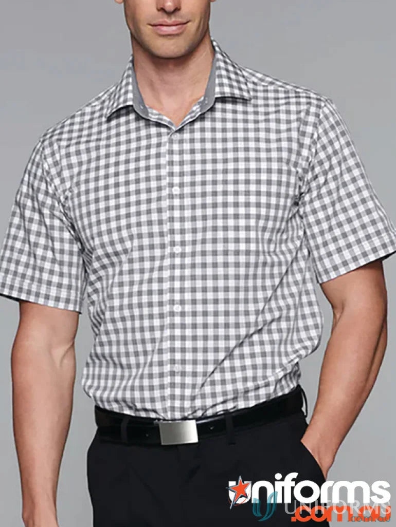 Gray and white checkered Devonport mens SS shirt, perfect for casual uniforms