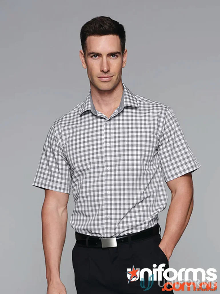 Man in gray and white checkered Devonport SS Shirt, perfect for mens ss shirt uniforms