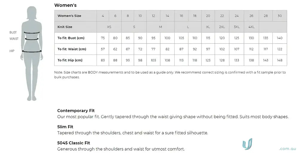 Women’s clothing size chart for Smith End On End 3Q Shirt, perfect workwear uniforms