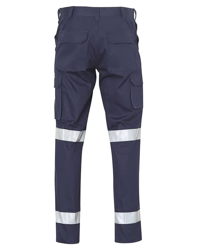 Dark navy blue discontinued 3m taped drill regular pants with reflective stripes and cargo pockets for workwear uniforms