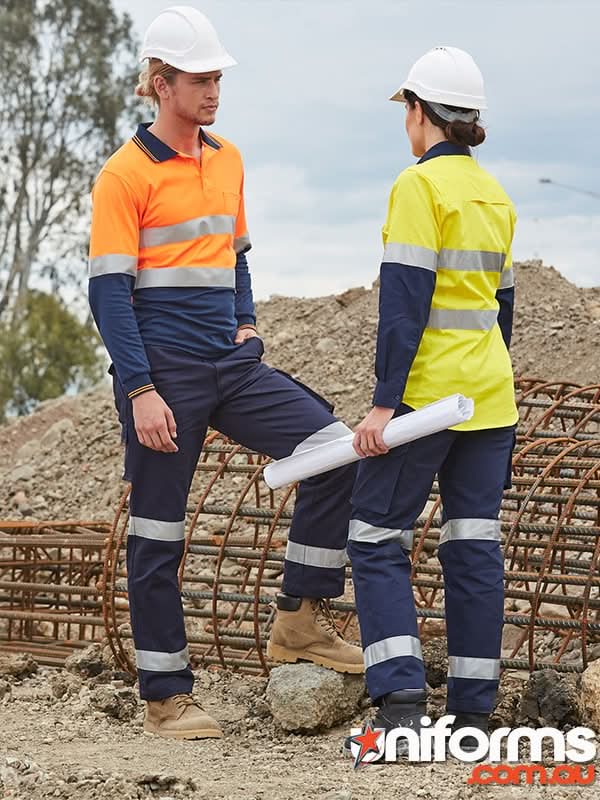 Discontinued 3m taped drill regular pants high-visibility uniforms in orange and navy with reflective silver stripes for workwear