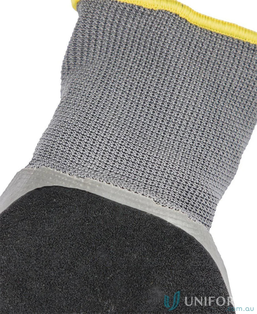 Gray and black latex-coated work glove for durable workwear and uniforms