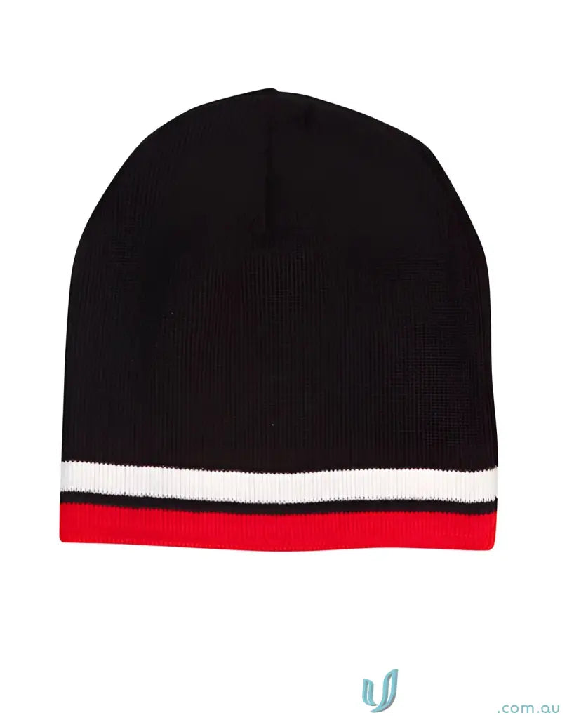 Black knit Winning Spirit Double Beanie with red and white contrast stripe beanie design