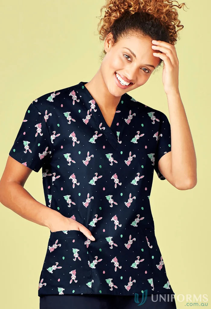 Navy blue classic v neck scrub top with bunny and egg pattern for clearance Easter sale