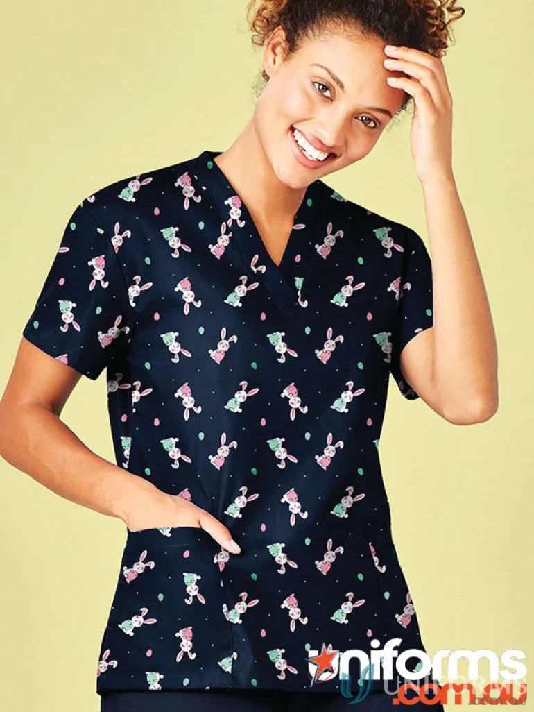 Bunny-patterned scrub top with classic v neck, perfect for clearance Easter sales