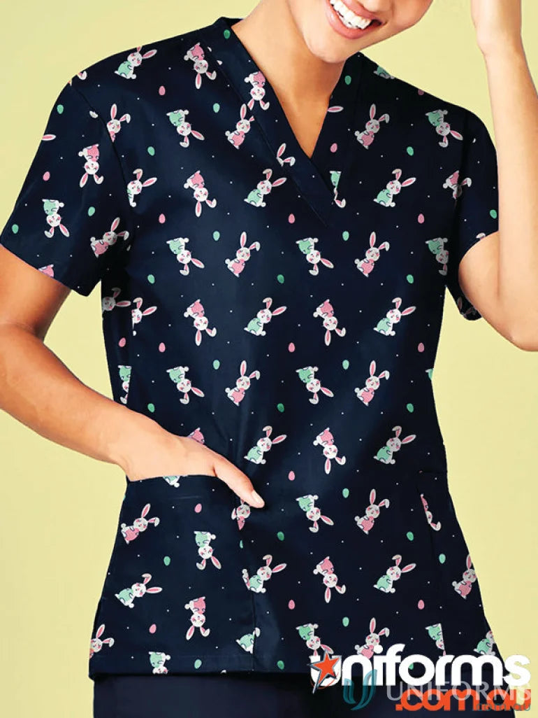 Navy scrub top with bunny and egg pattern, classic v neck, clearance easter sale