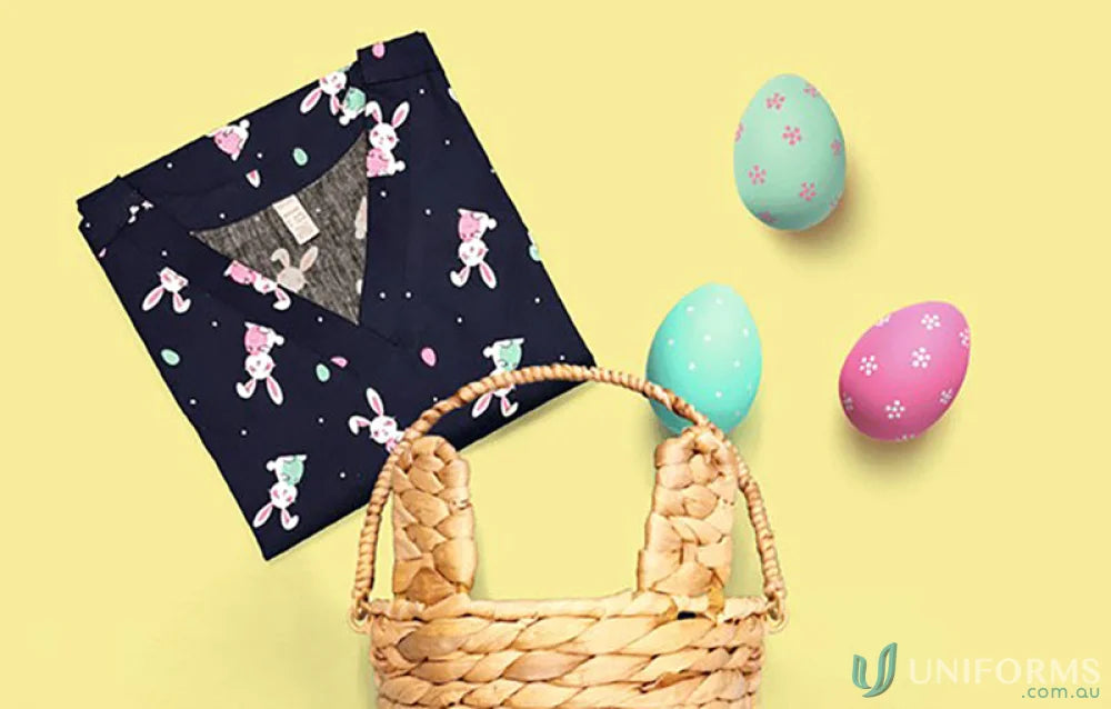 Navy bunny-patterned pajama top for clearance Easter, with a classic V neck & easy wash