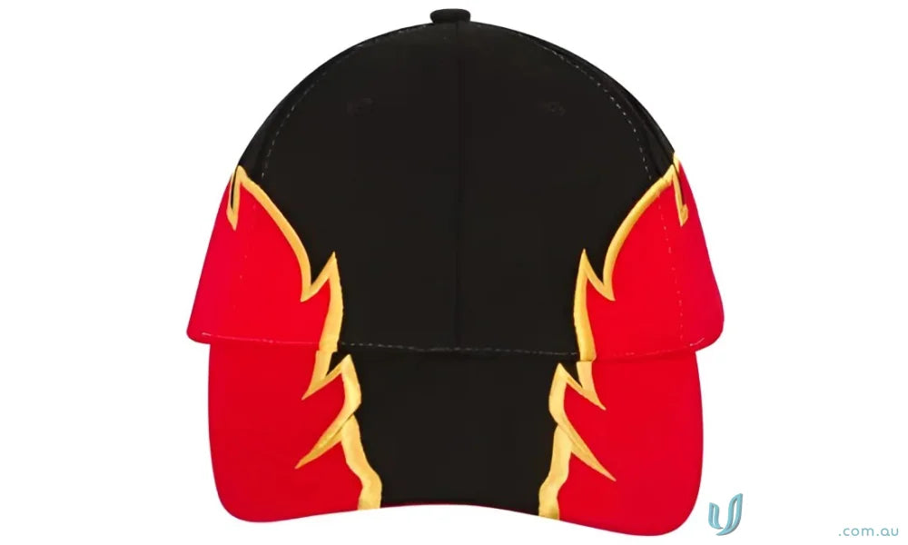 Black baseball cap with red flame imprint design, perfect fit with wide measurement guide