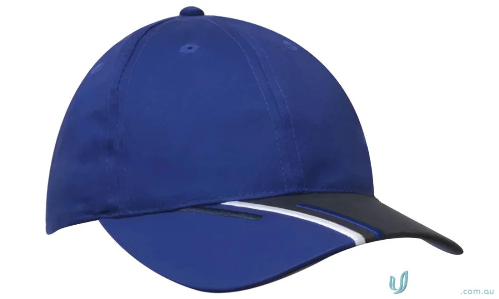 Blue baseball cap with striped brim for high resolution printing and 1 inch measurement