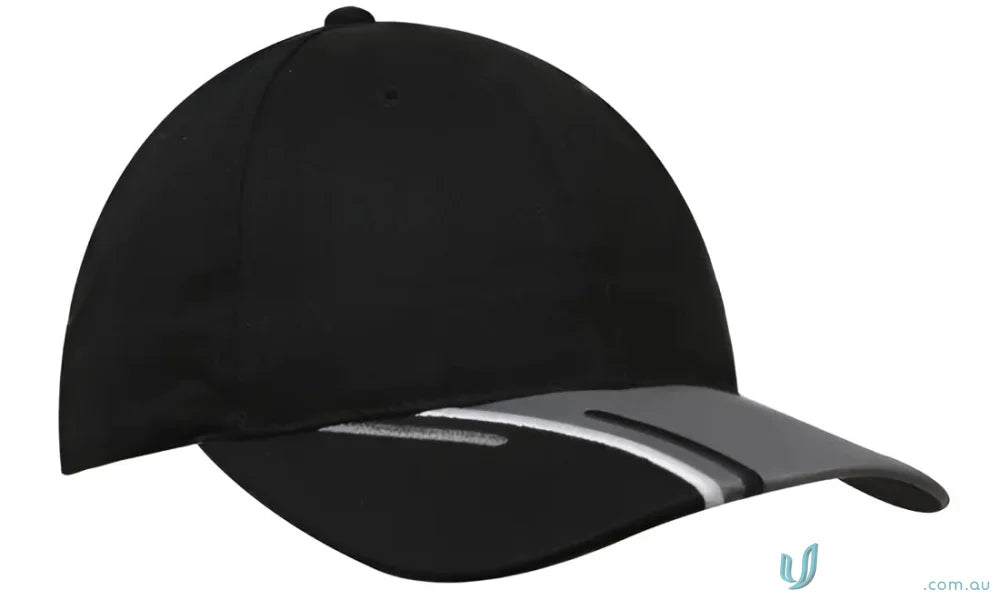 Black baseball cap with striped brim from HBC Tri Coloured Peak, perfect for high-res printing