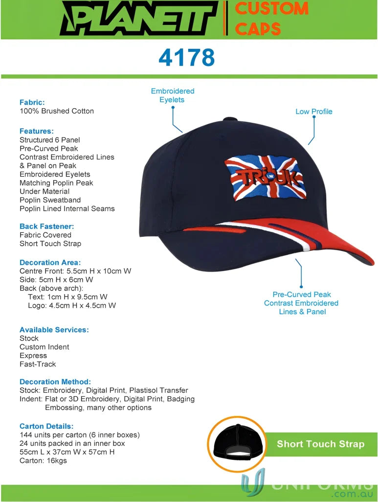 Navy and red baseball cap with high resolution printing, part of HBC Tri Coloured Peak