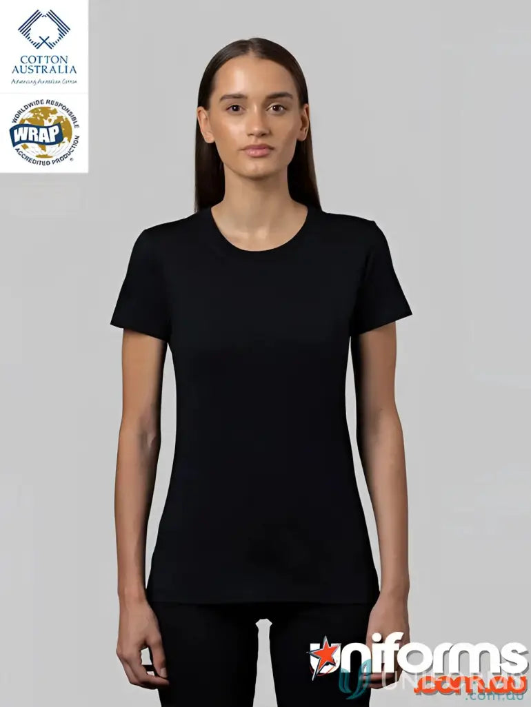Black Ladies Slim Tee with round neck, perfect for measuring your perfect size and length