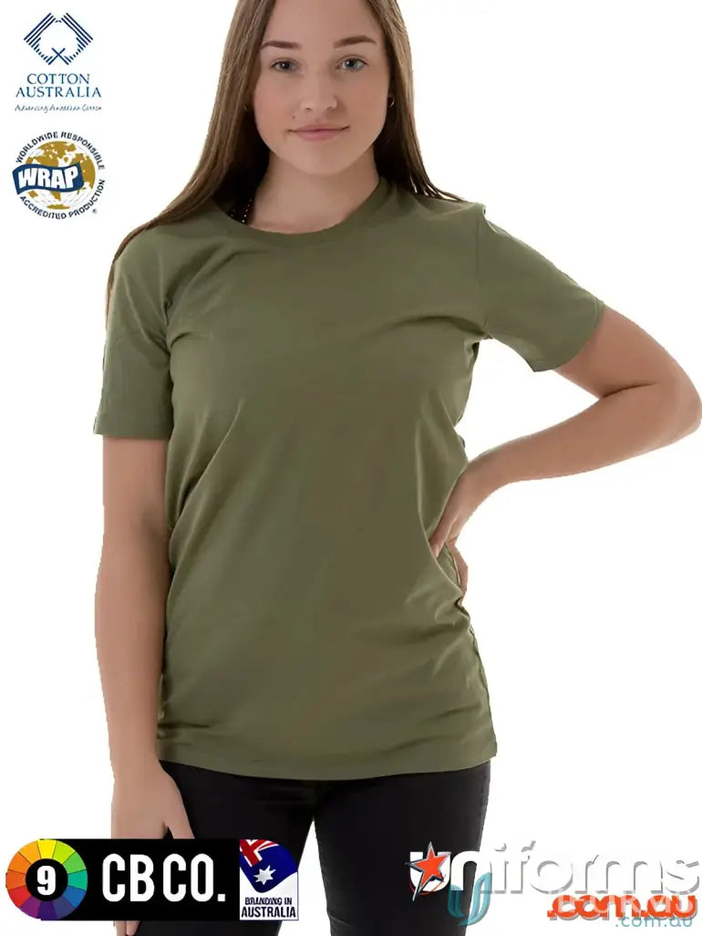 Young woman wearing Ladies Slim Tee in olive green, perfect fit for your size and length needs