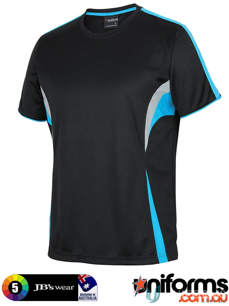 Discontinued Podium Cool Tee black athletic shirt with light blue and grey accents