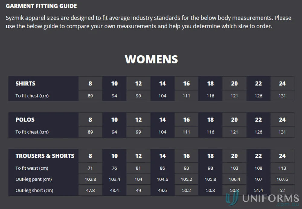 Women’s apparel size chart for Syzmik Women’s Taped Utility Pant ZWL004 with reflective tape
