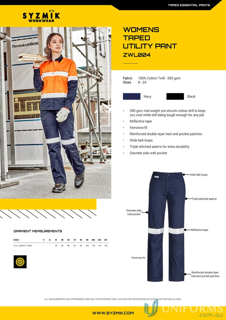 Women’s taped utility work pants with reflective tape from Syzmik Women’s Taped series ZWL004