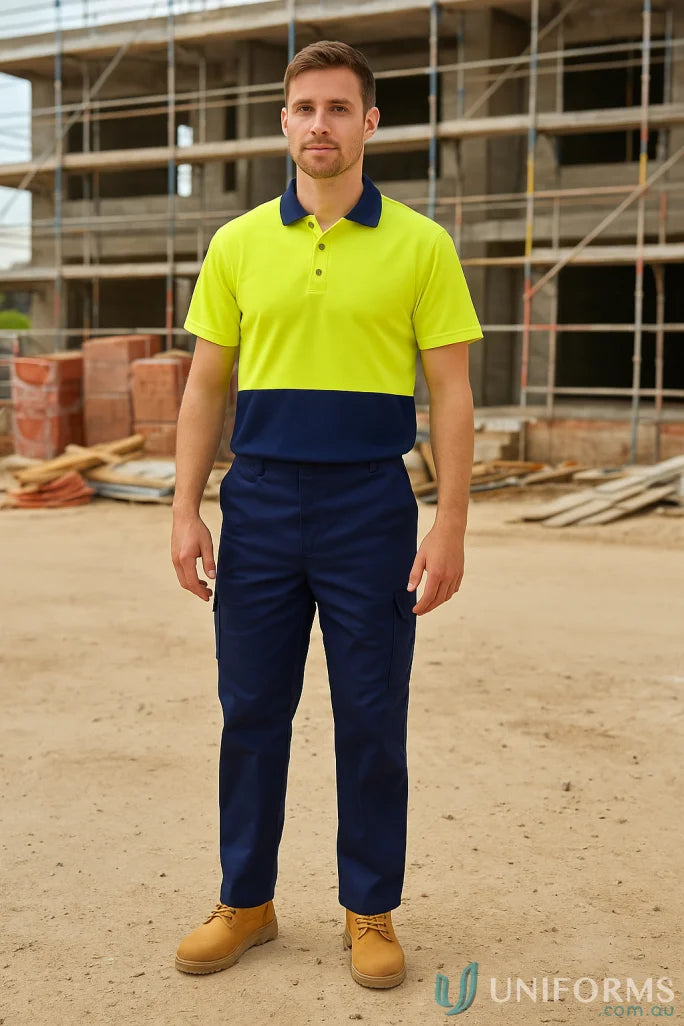 Men’s two-tone hi-vis polo shirt and DNC Cool-Breeze Cotton Cargo Pants for work