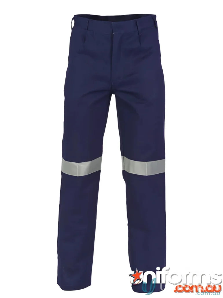 Navy blue cotton drill work pants with reflective stripes, perfect drill pants option
