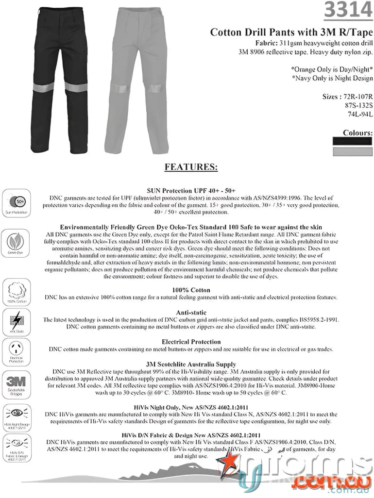 DNC Cotton Drill 3M Tape Trousers showing cotton drill drill pants with reflective tape