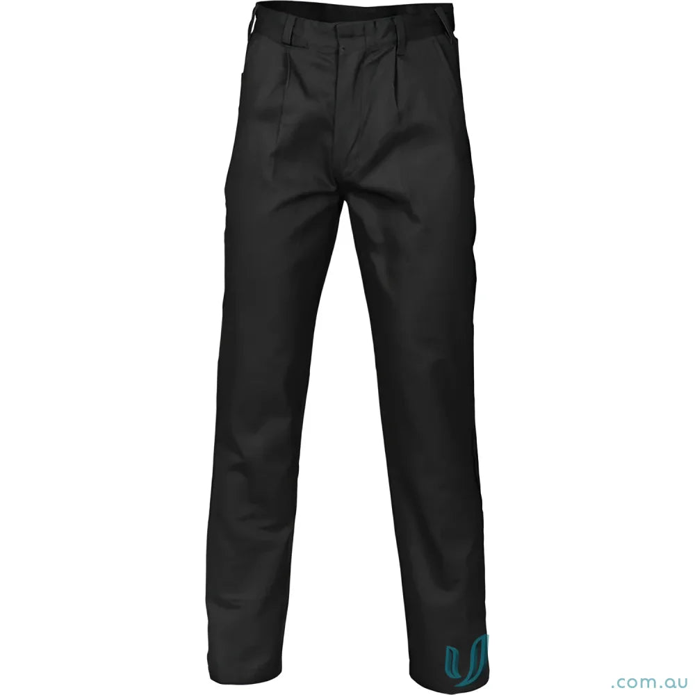 Black pleated cotton drill work trousers with heavy-duty nylon zip for durable drill work pants