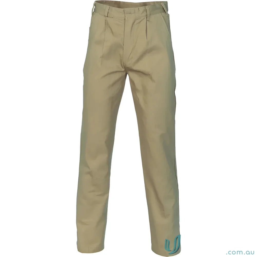 Khaki pleated cotton drill work trousers with heavy-duty nylon zip for tough drill work pants