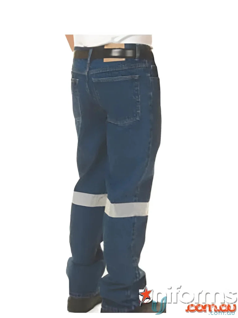 Blue denim jeans with reflective stripes and DNC CSR R Tape for work uniforms