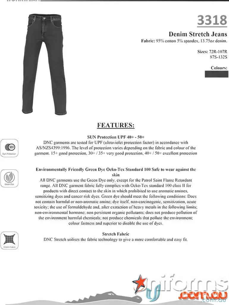 DNC Denim Stretch Jeans info showing comfy stretch jeans and demin stretch features