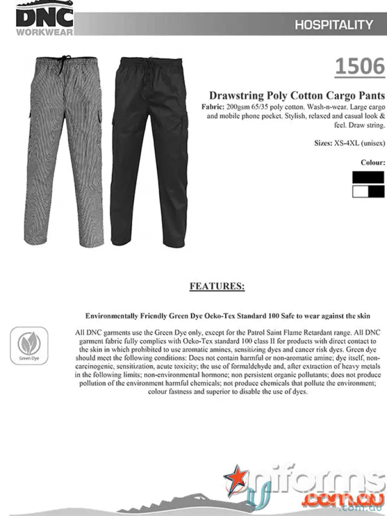 DNC Drawstring Cargo Chef Pants in poly cotton cargo with adjustable drawstring