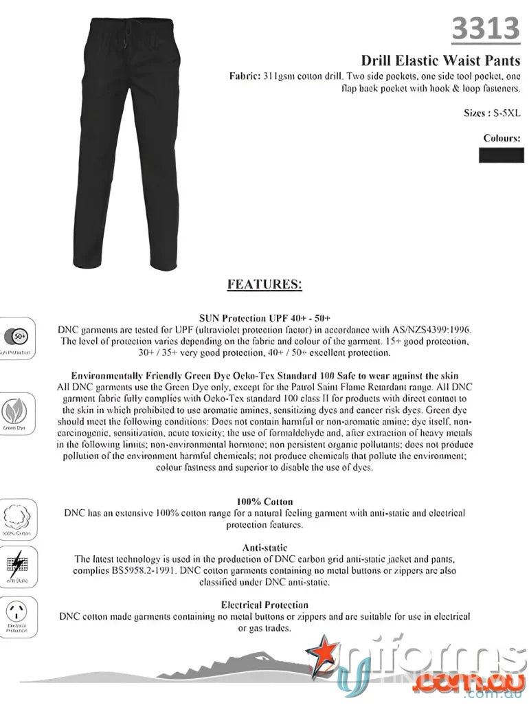 Black DNC Drill Elastic Waist Trousers perfect for casual and workwear waist pants