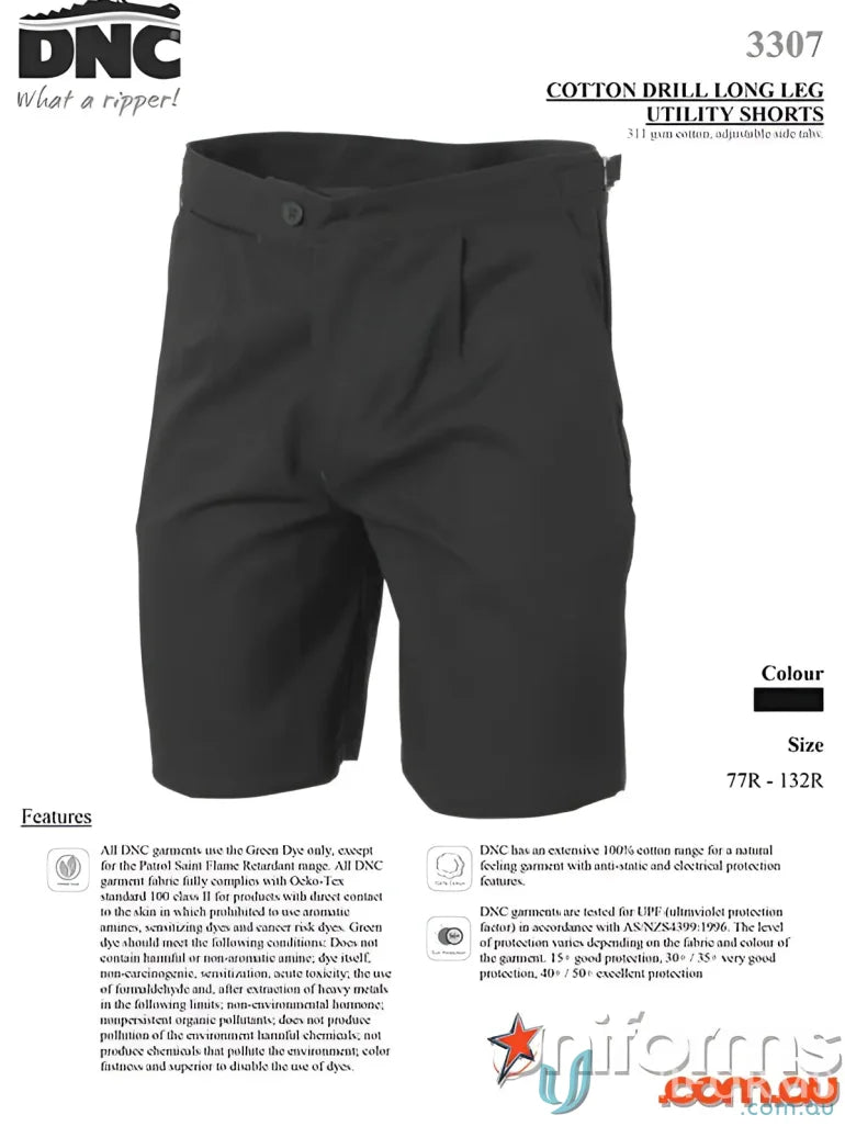Black cotton drill utility shorts from DNC Drill Long Leg Utility Shorts line