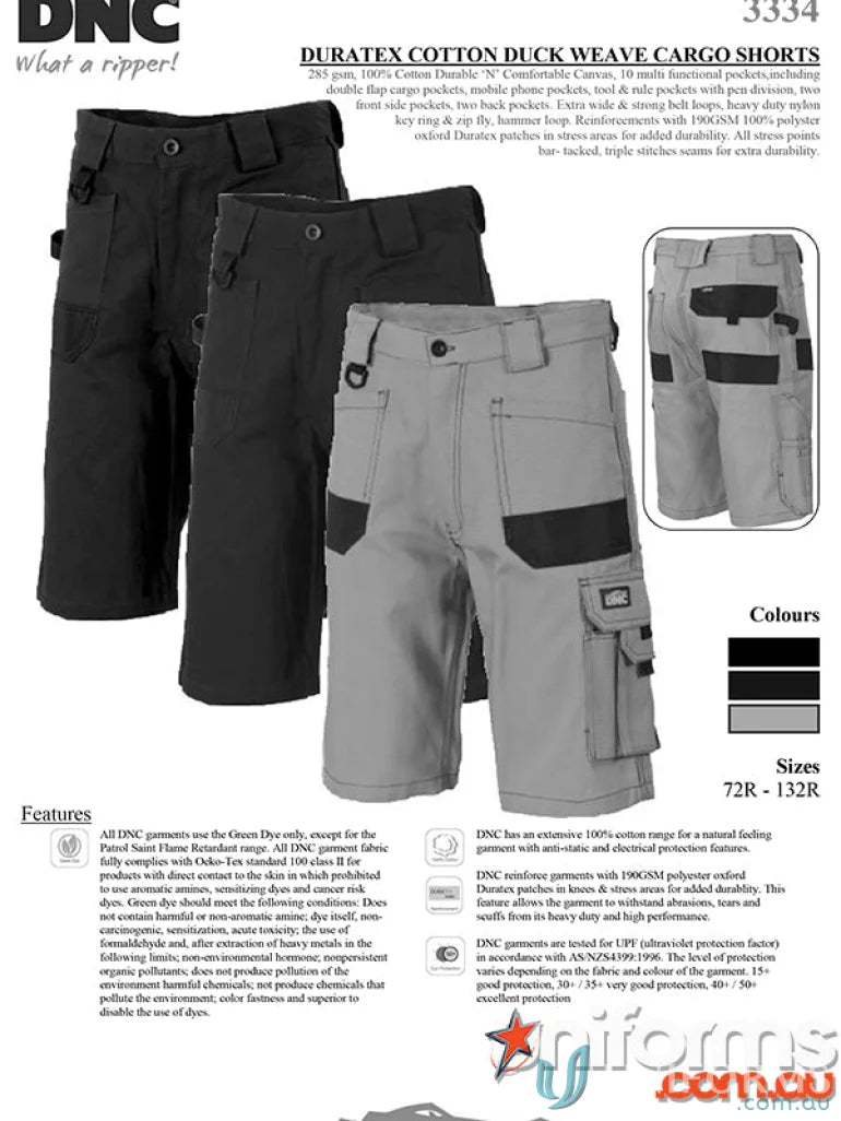 Men’s DNC Duratex Cotton Duck Weave Cargo Shorts in black and grey with pockets