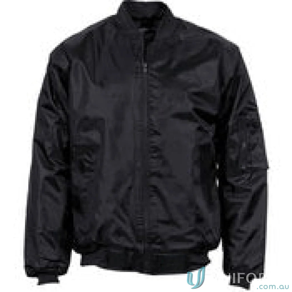 Black bomber jacket with plastic zips from DNC Flying Jacket workwear collection