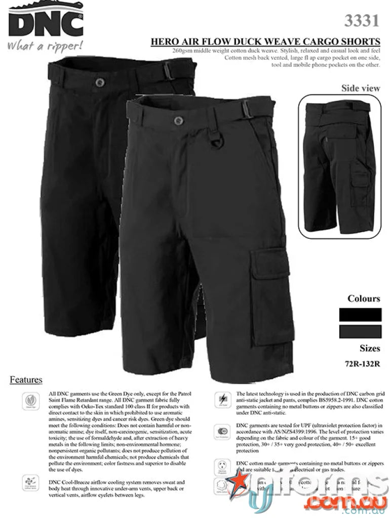 Black DNC Hero Air Flow Cotton Duck Weave Cargo Shorts with side and back pockets
