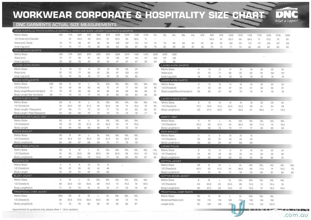 Size chart for DNC Hero Air Flow Cotton Duck Weave Cargo Shorts showing flow duck weave details