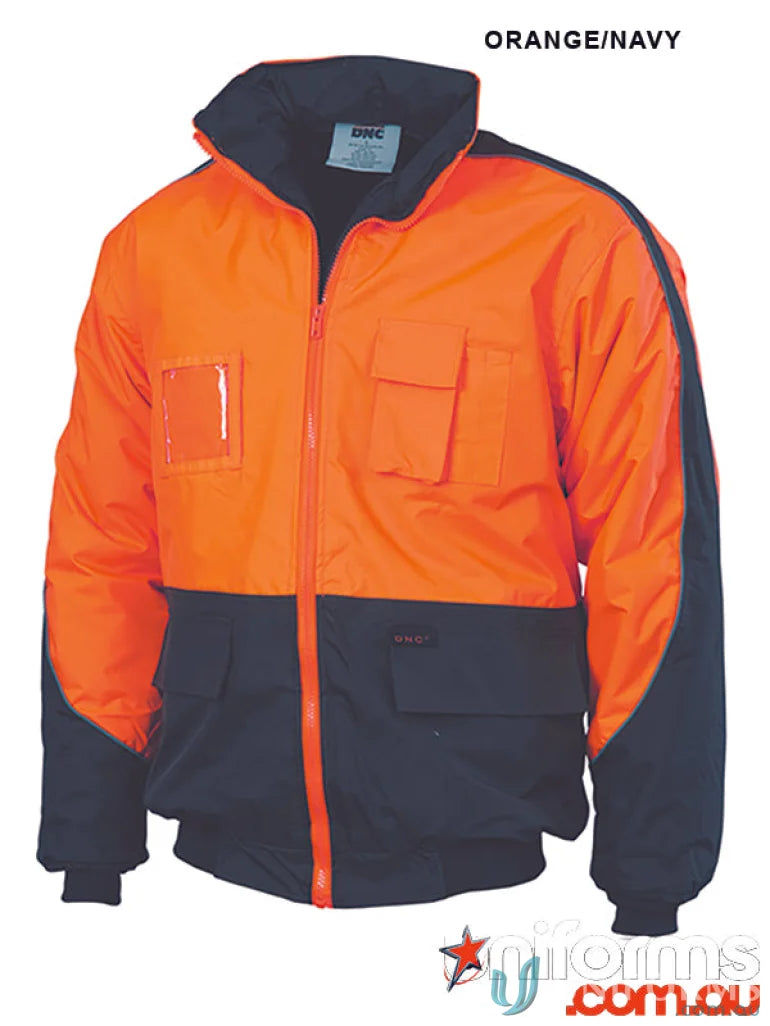 Orange and navy DNC HiVis Contrast Bomber Jacket with pockets and high collar for enhanced visibility