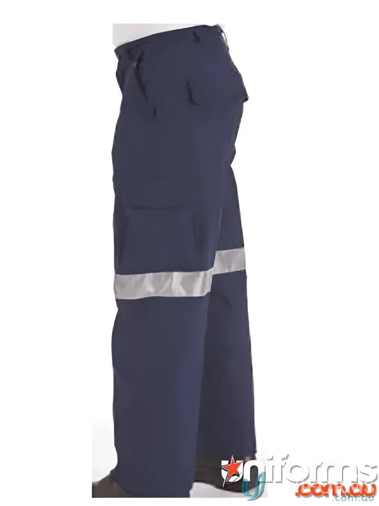 Navy blue lightweight cotton cargo pants with reflective tape and work-ready style