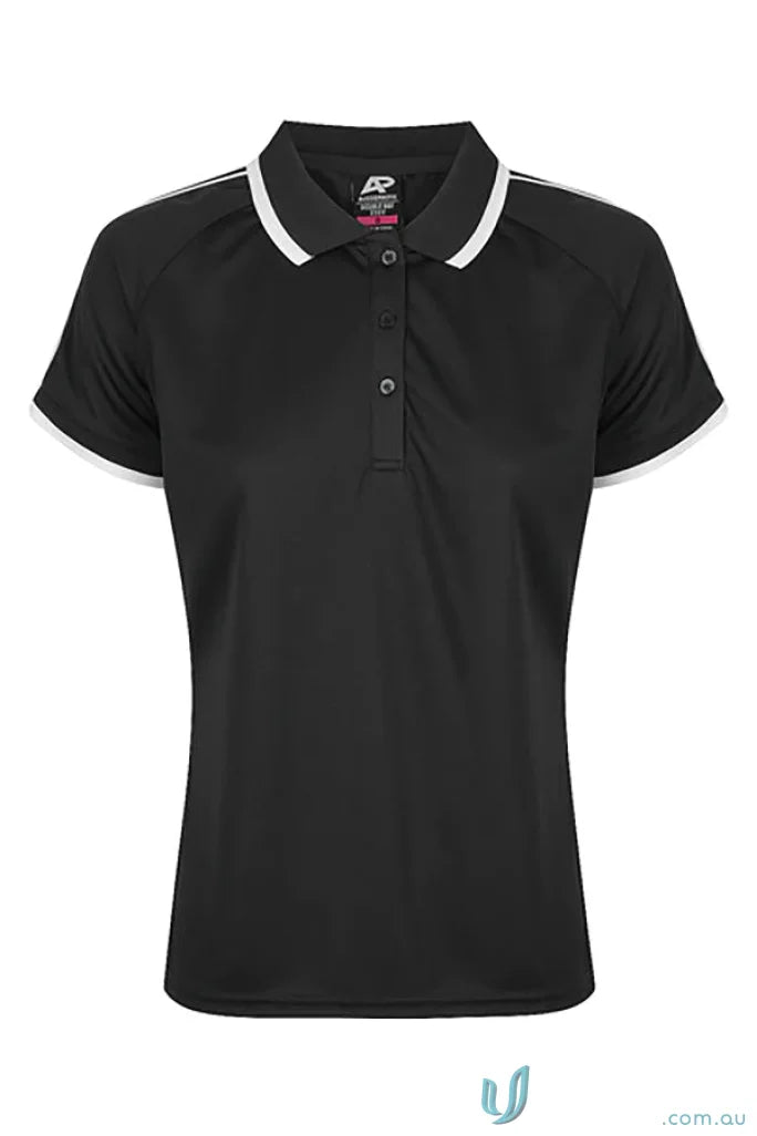 Black women’s polo shirt with white collar and trim from Double Bay Lady Polos