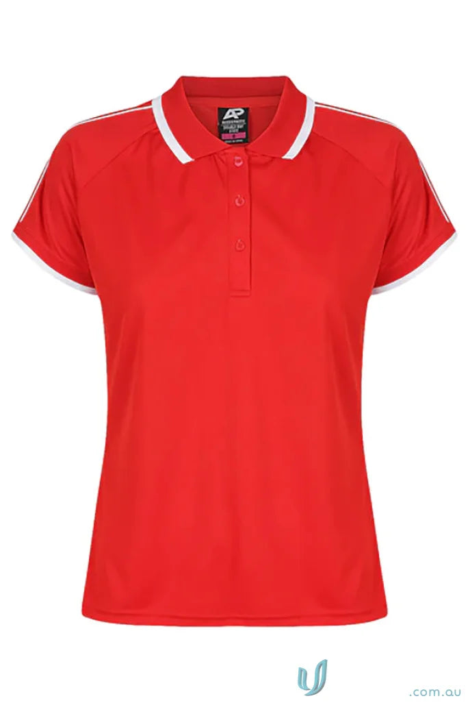 Red short-sleeved bay lady polos with white trim from Double Bay Lady Polos collection