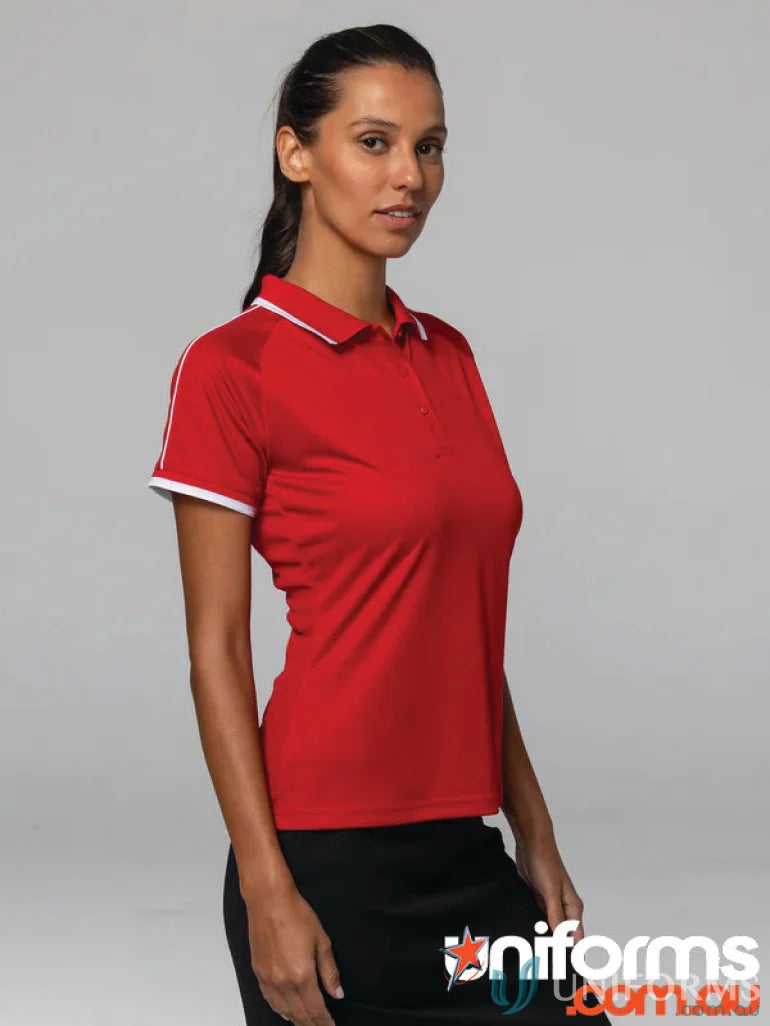 Woman modeling red Double Bay Lady Polos with white trim on collar and sleeves