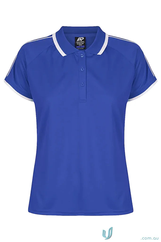 Royal blue Double Bay Lady Polos with white trim on collar and sleeves for women