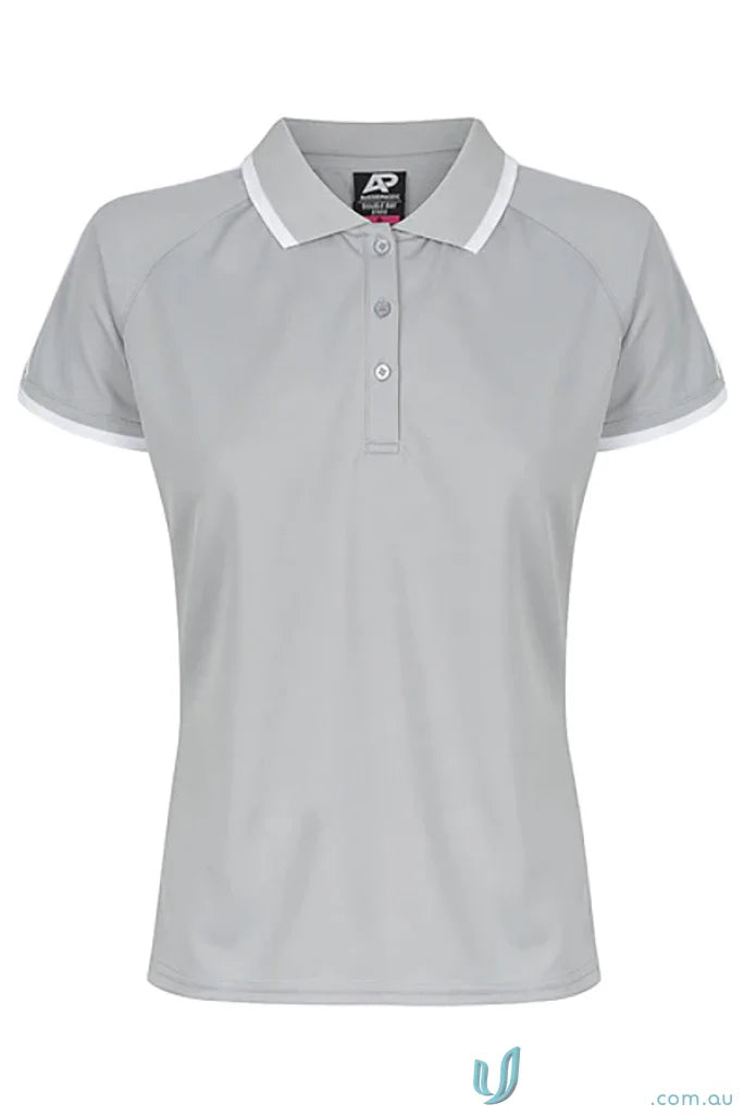Light gray women’s short-sleeved polo shirt with white trim from Double Bay Lady Polos