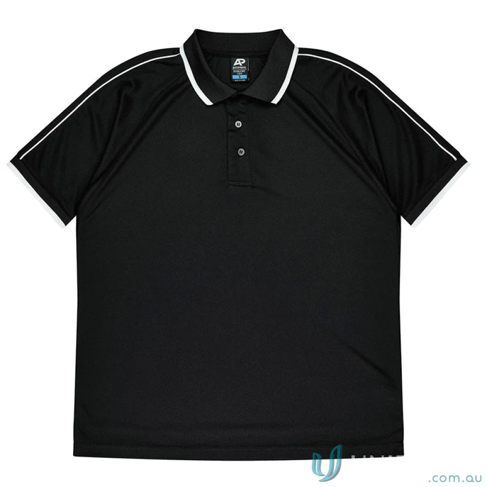 Black short-sleeve polo shirt with white trim from Double Bay Mens Polos collection