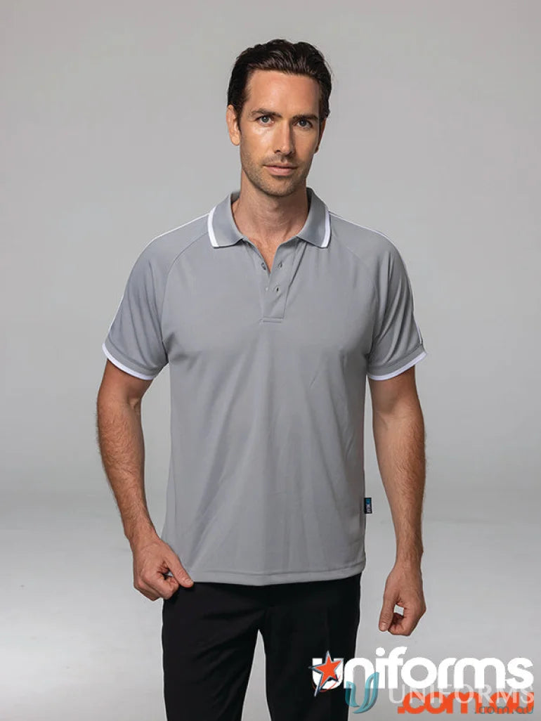 Man wearing grey Double Bay Mens Polos with white trim and black pants