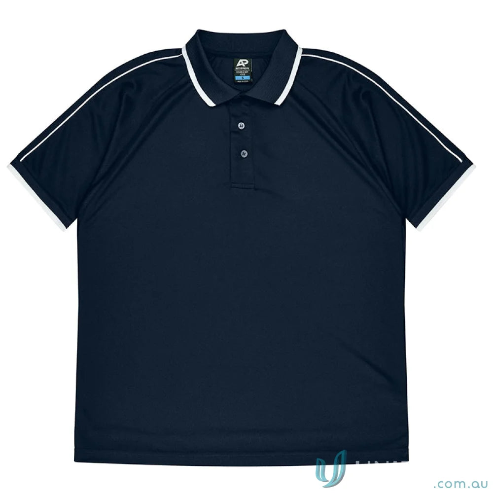 Navy blue Double Bay Mens Polos with white trim on collar and raglan sleeves