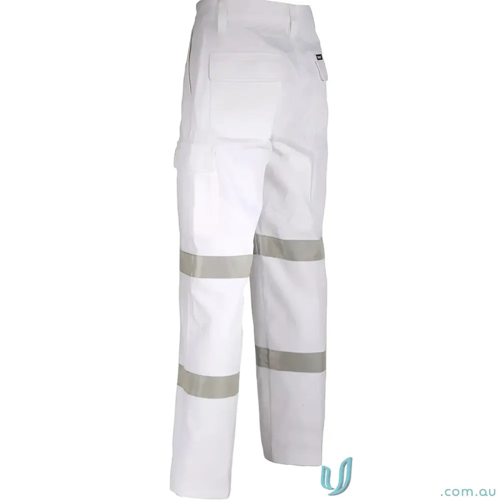White work pants with reflective stripes in Double Hoops Taped Cargo Pants style, hoops tape