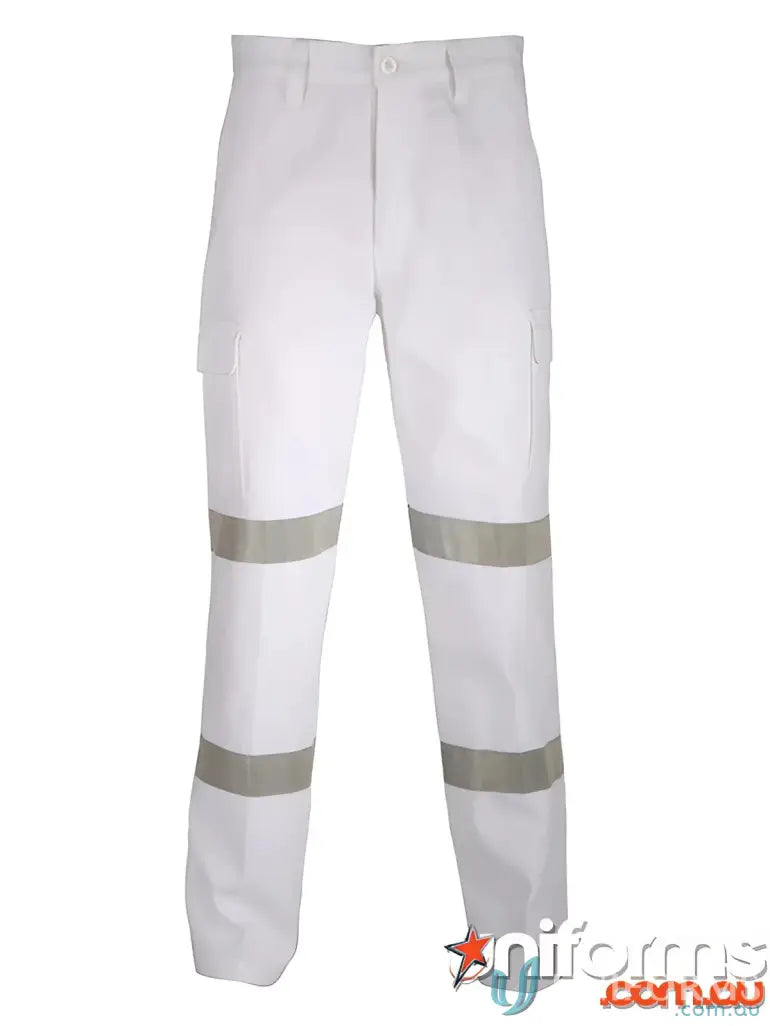 White work pants with reflective stripes from Double Hoops Taped Cargo Pants line