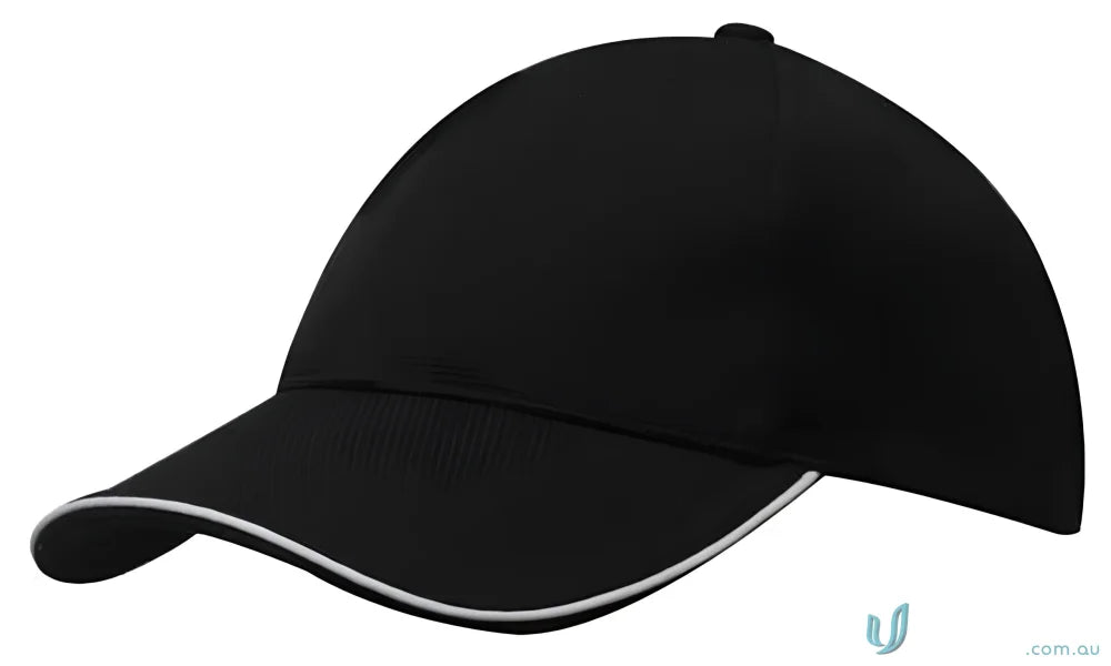 Black baseball cap with white trim made from double pique mesh and open sandwich style