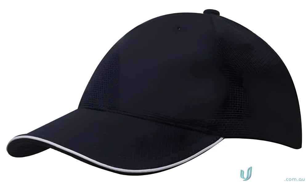 Navy blue baseball cap with white trim made of double pique mesh and open sandwich design