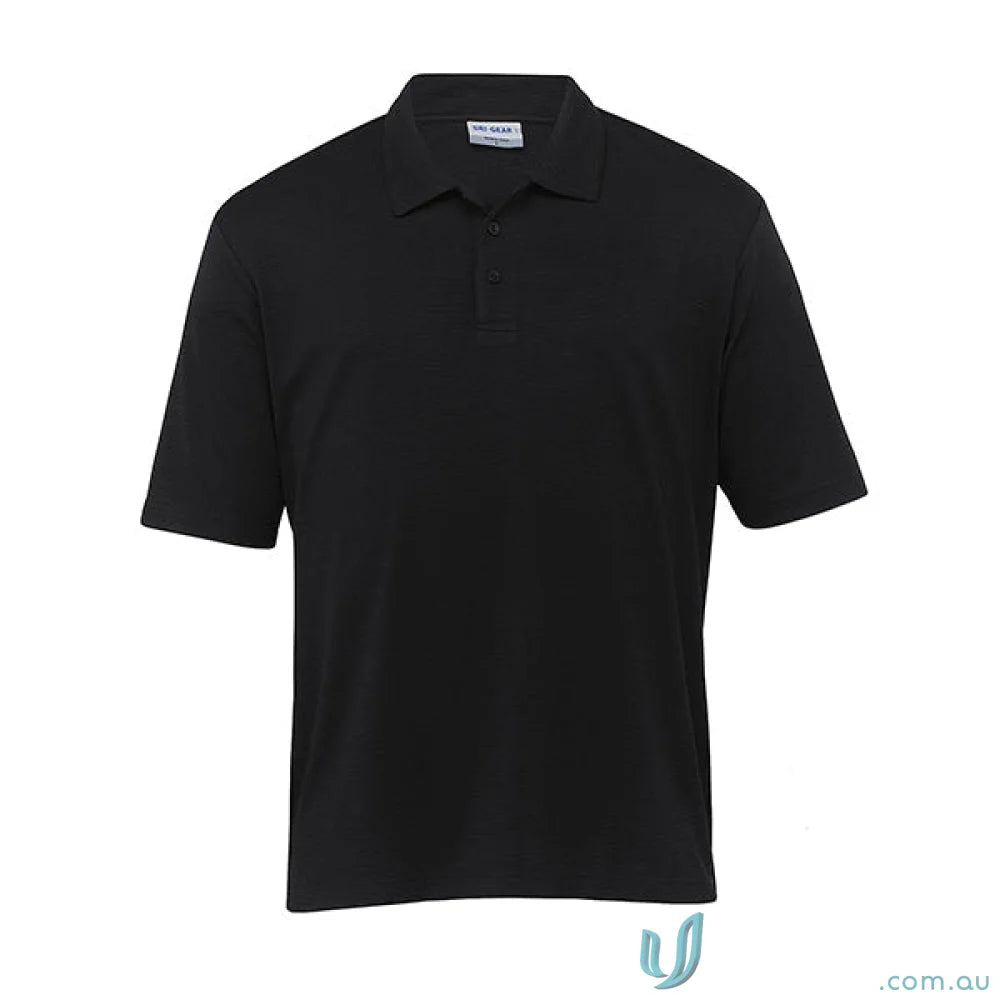 Plain black DriGear Ottoman Lite Polo with three-button placket for a sleek look