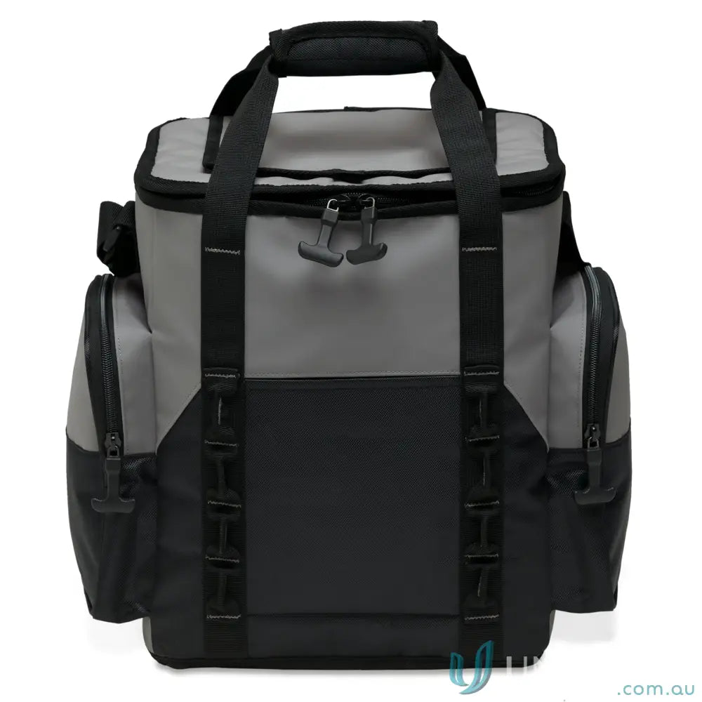 Cooler bag in steel grey and black with top handle and side pockets for outdoor use